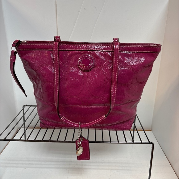 Vintage Coach Y2K Berry Pink Patent Leather Signature Tote Handbag - Picture 1 of 8